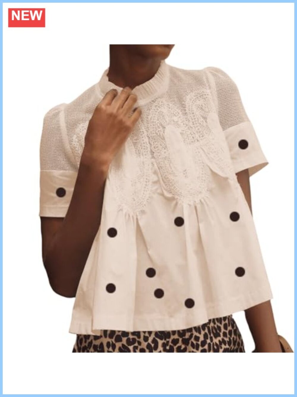 Lace Flared Short Sleeve Blouse Cotton Poplin Ruffle Mesh Babydoll Top